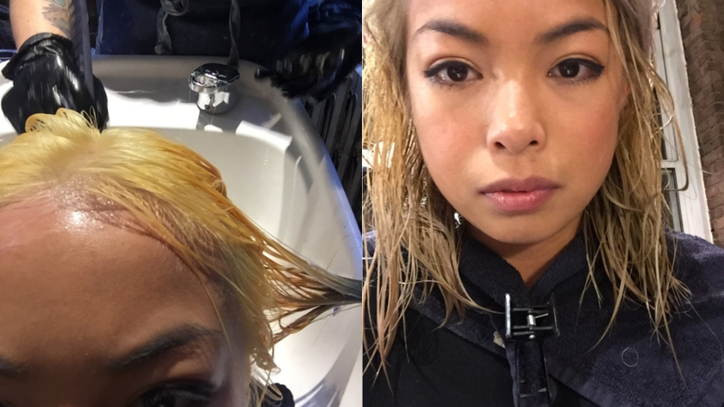 On the left, remember that Kim Kardashian photo? On the right, my face is flushed from pregnancy-breathing through seven rounds of bleach